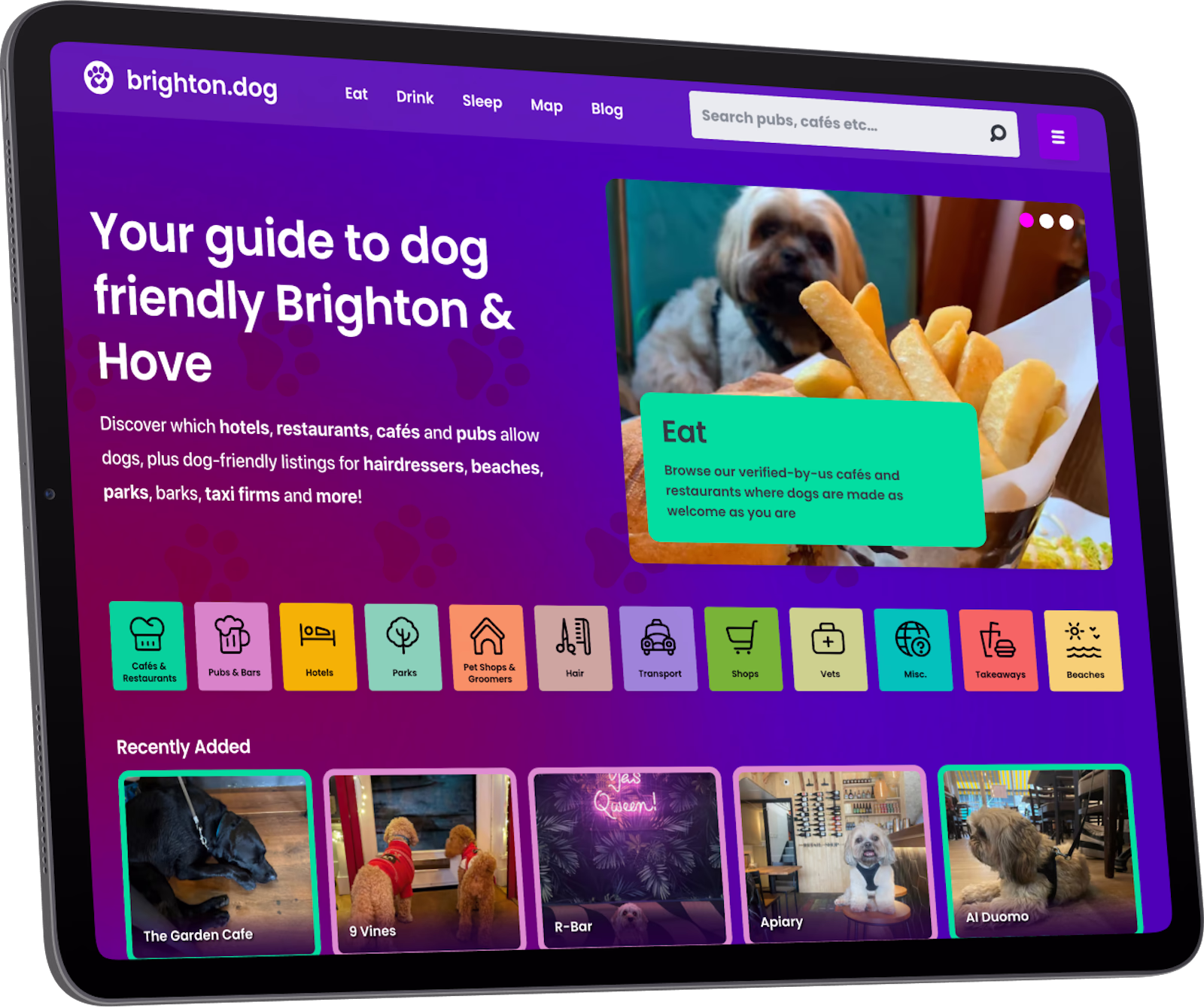 iPad showing the web page of brighton.dog